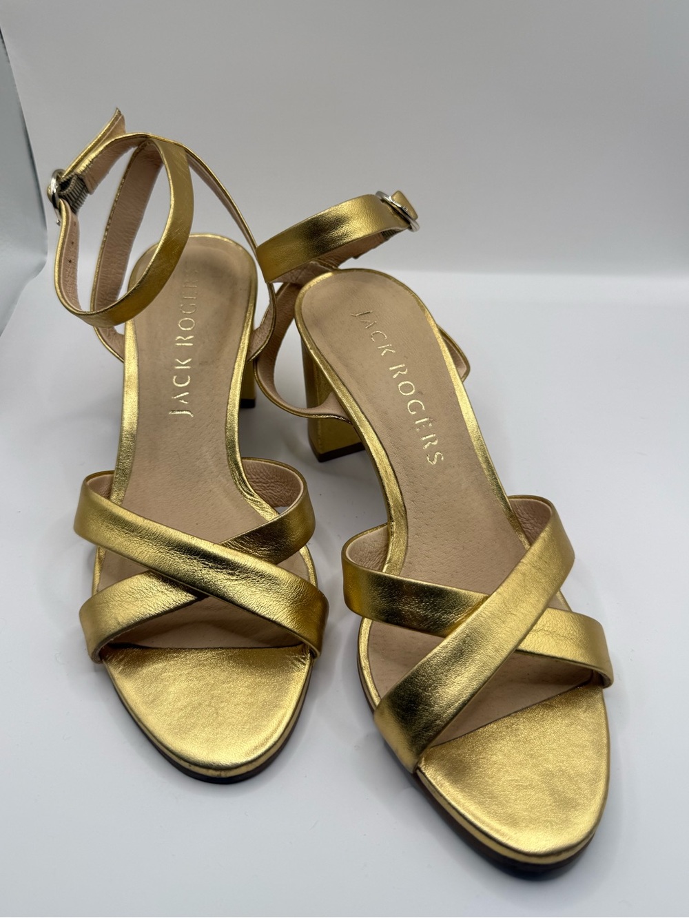 Jack Rogers Metallic Gold Crisscross Ankle Strap Heels